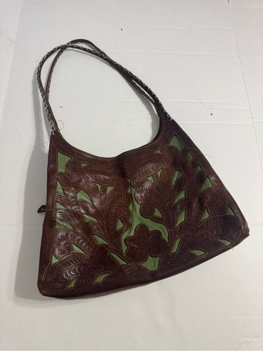 Leaders in Leather Tooled Floral Leather Crossbody Bag with Green Underlay